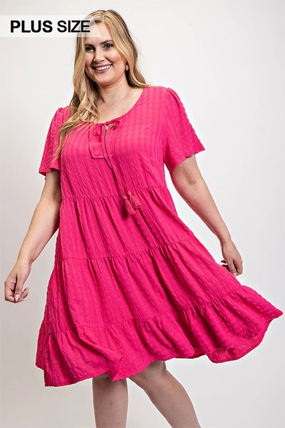 Plus Size Short Sleeve Tassel Tie Dress With Pockets