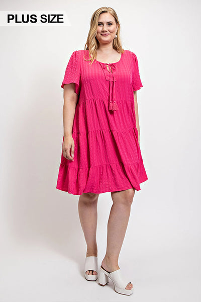 Plus Size Short Sleeve Tassel Tie Dress With Pockets