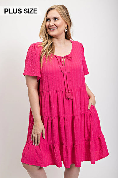 Plus Size Short Sleeve Tassel Tie Dress With Pockets