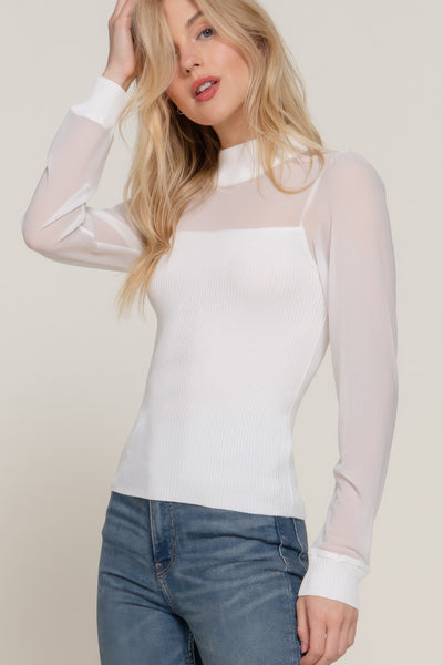 Long Sleeve Mesh Panel Ribbed Detail Top