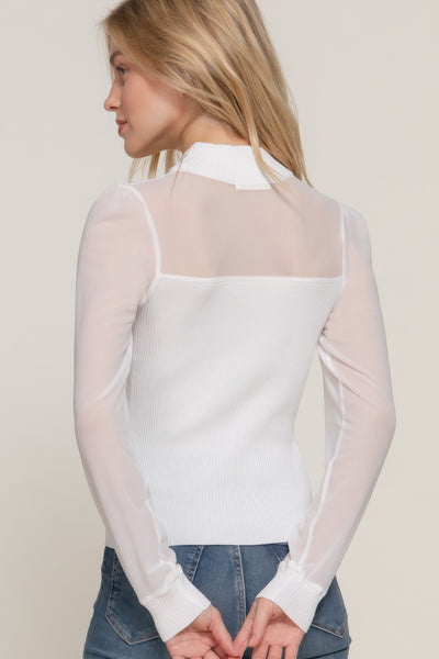 Long Sleeve Mesh Panel Ribbed Detail Top