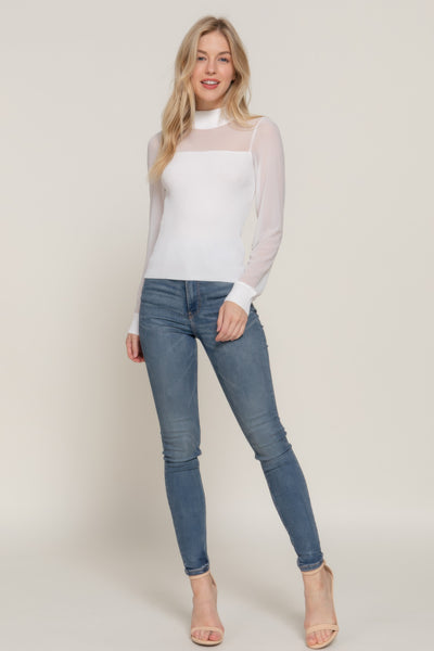 Long Sleeve Mesh Panel Ribbed Detail Top