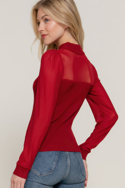 Long Sleeve Mesh Panel Ribbed Detail Top