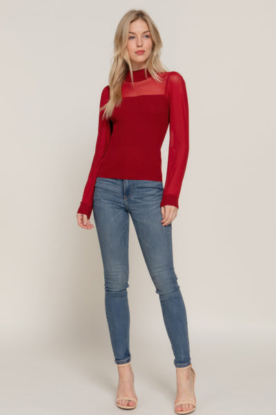 Long Sleeve Mesh Panel Ribbed Detail Top