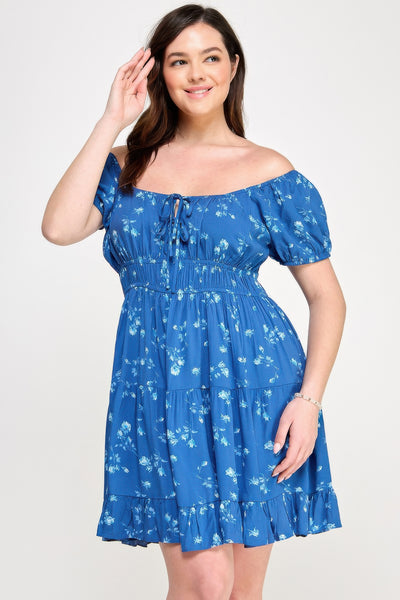 Short Sleeve Floral Elastic Waist Ruffle Dress
