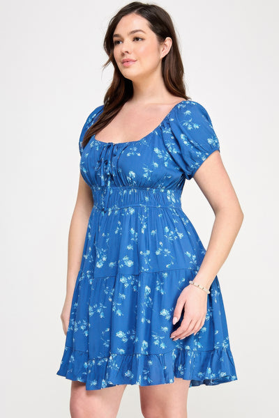 Short Sleeve Floral Elastic Waist Ruffle Dress