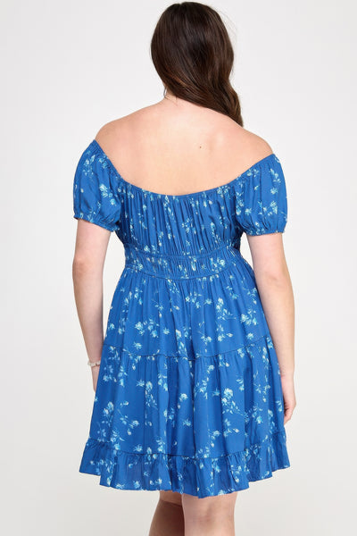 Short Sleeve Floral Elastic Waist Ruffle Dress