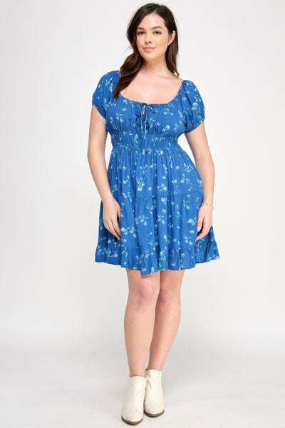Short Sleeve Floral Elastic Waist Ruffle Dress