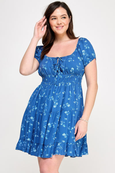 Short Sleeve Floral Elastic Waist Ruffle Dress