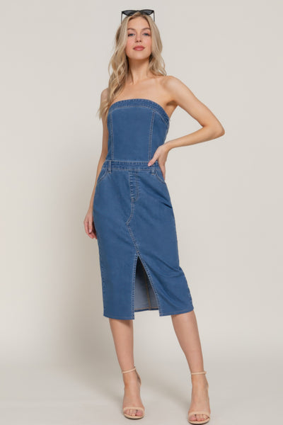 Stretch Denim Front Slit Tube Dress