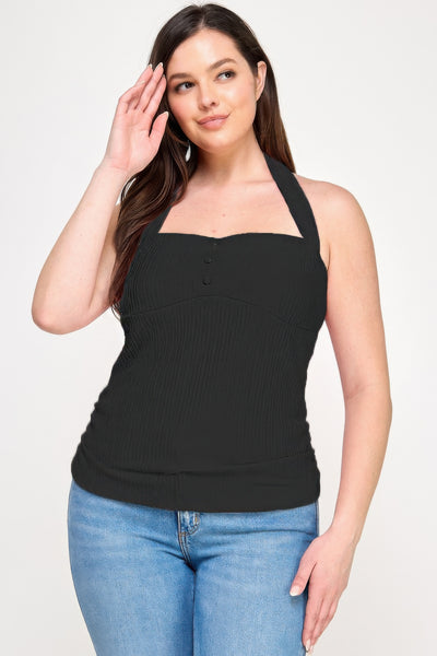 Plus Slze Halter Tie Crinkle Knit Top
