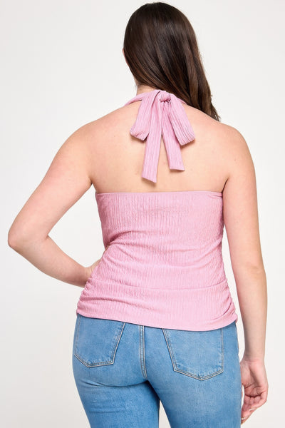 Plus Slze Halter Tie Crinkle Knit Top