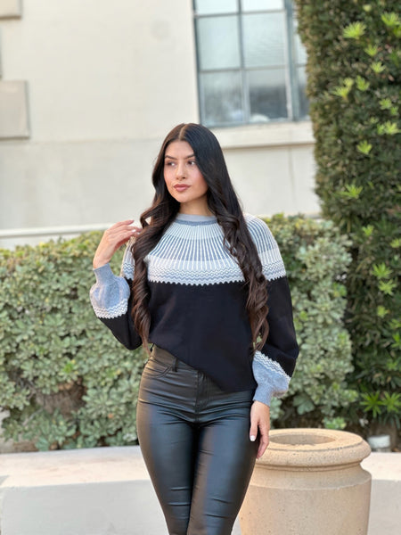 Long Sleeve Color Block Knit Pull Out Sweater