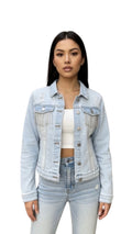 Button Front Jean Jacket With Rhinestone Fringe