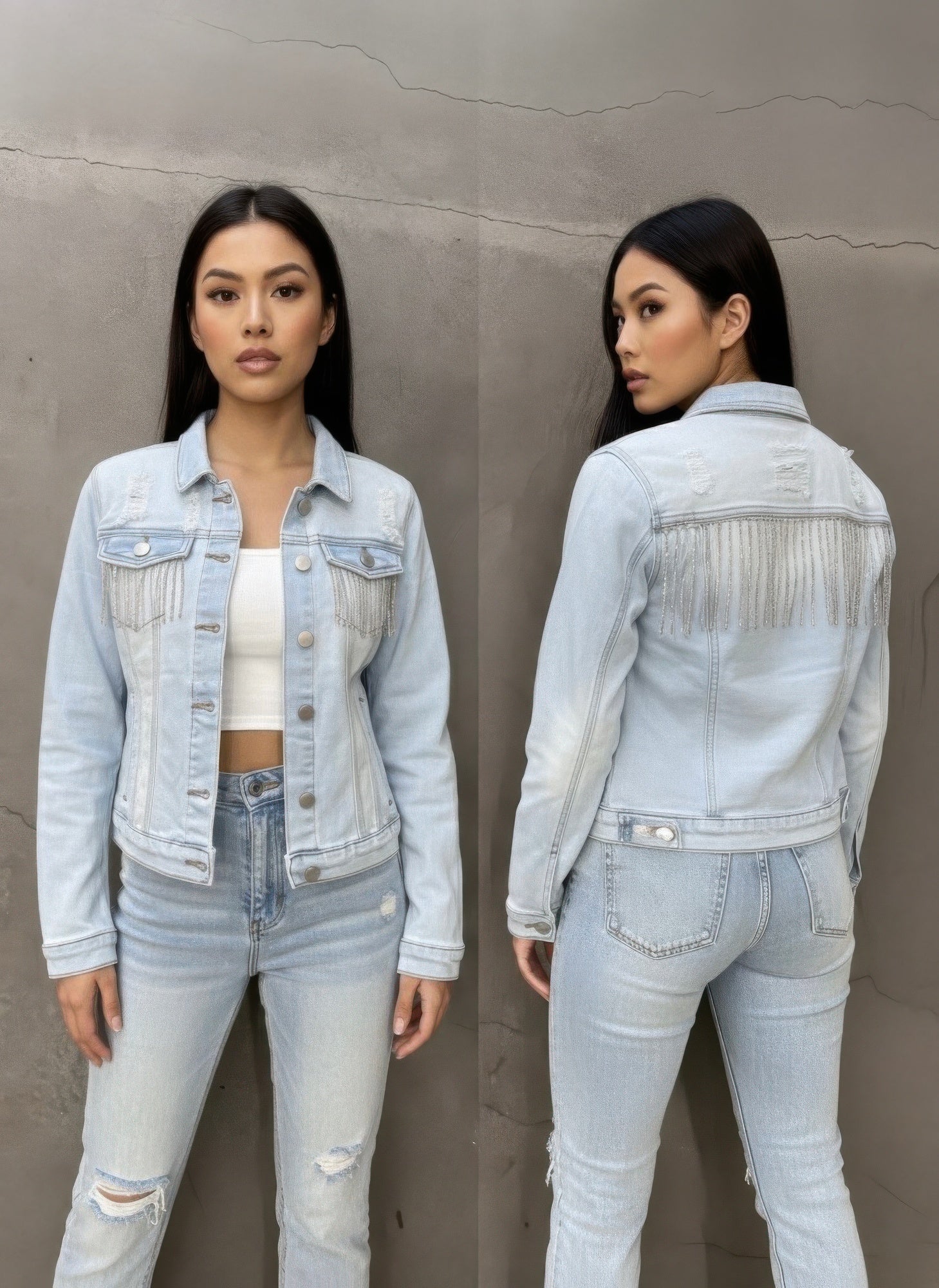 Button Front Jean Jacket With Rhinestone Fringe