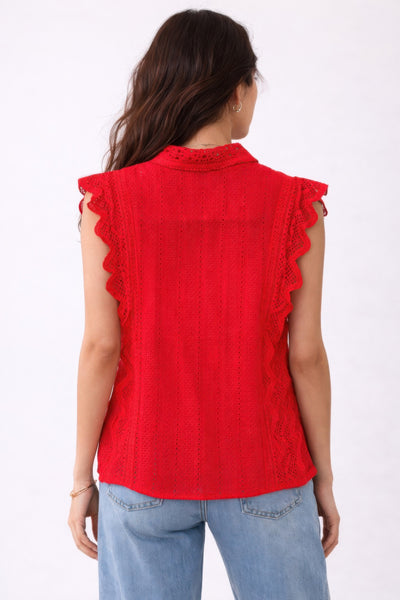 Scalloped sleeves Cotton Eyelet Lace Button-front Blouse