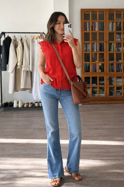 Scalloped sleeves Cotton Eyelet Lace Button-front Blouse