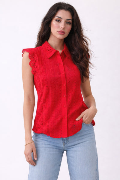 Scalloped sleeves Cotton Eyelet Lace Button-front Blouse