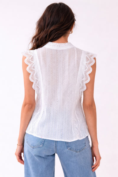 Scalloped sleeves Cotton Eyelet Lace Button-front Blouse