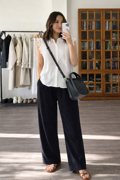 Scalloped sleeves Cotton Eyelet Lace Button-front Blouse