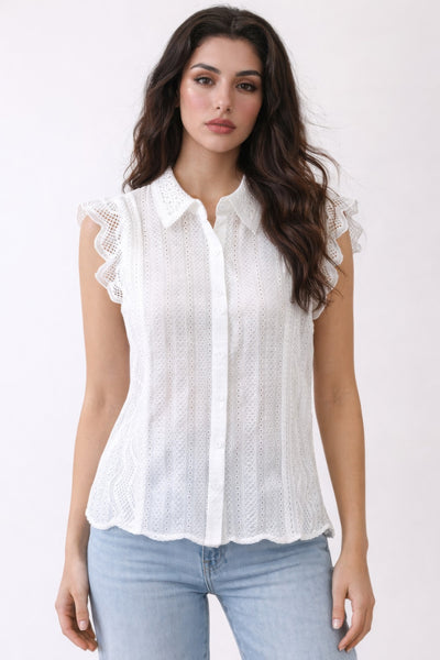 Scalloped sleeves Cotton Eyelet Lace Button-front Blouse