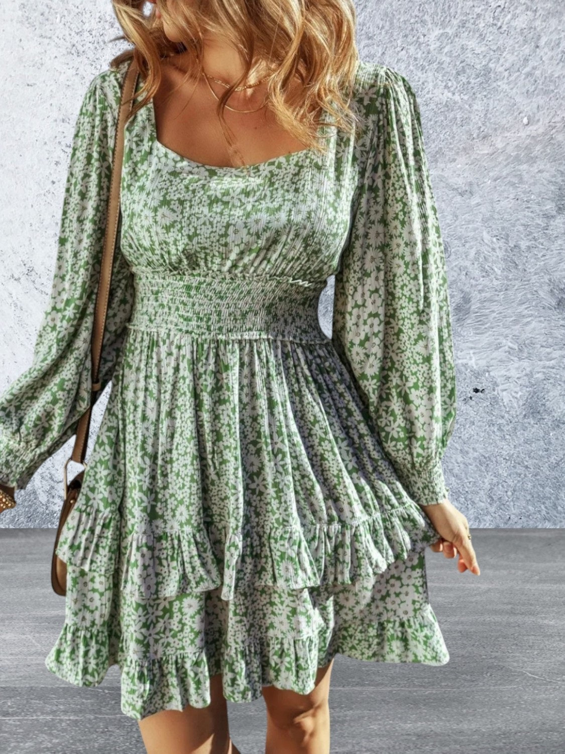 Floral Square Neck Long Sleeve Dress