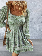 Floral Square Neck Long Sleeve Dress