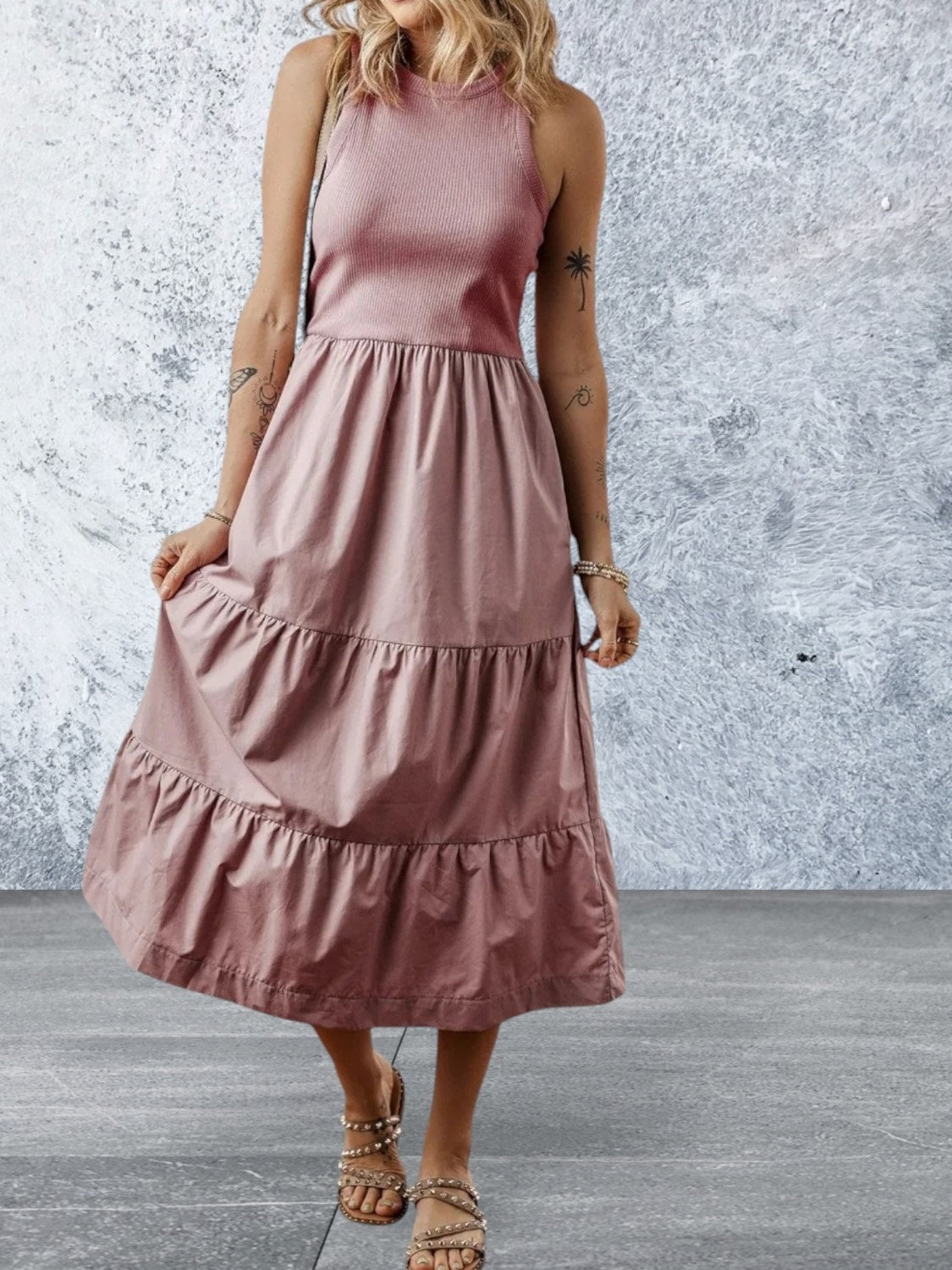 Sleeveless Sepia Rose Ribbed Vest Style Midi Dress with Pockets