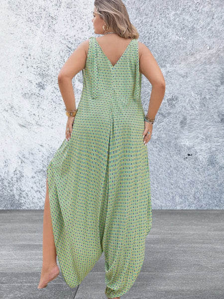 Plus Size Printed V-Neck Wide Leg Jumpsuit