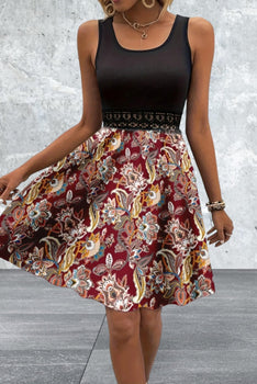Printed A-Line Tank Dress with Lace Waist Detail