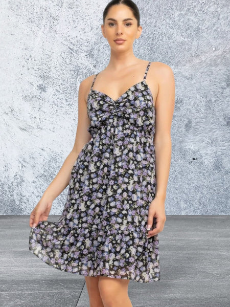 Sleeveless Floral Print Double Strap Mini Dress