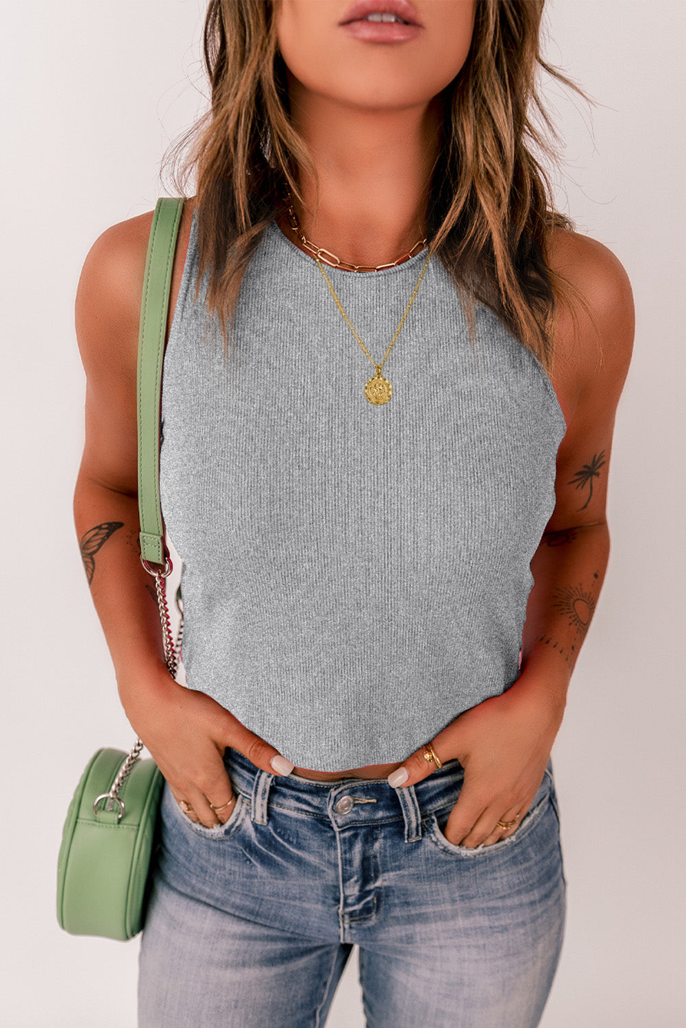 Sleeveless Gray Rib Knit Crop Top