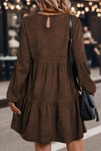 Women Dark Brown Lantern Sleeve Tiered Short Dress