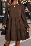 Women Dark Brown Lantern Sleeve Tiered Short Dress