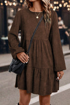 Women Dark Brown Lantern Sleeve Tiered Short Dress