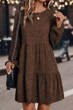 Women Dark Brown Lantern Sleeve Tiered Short Dress