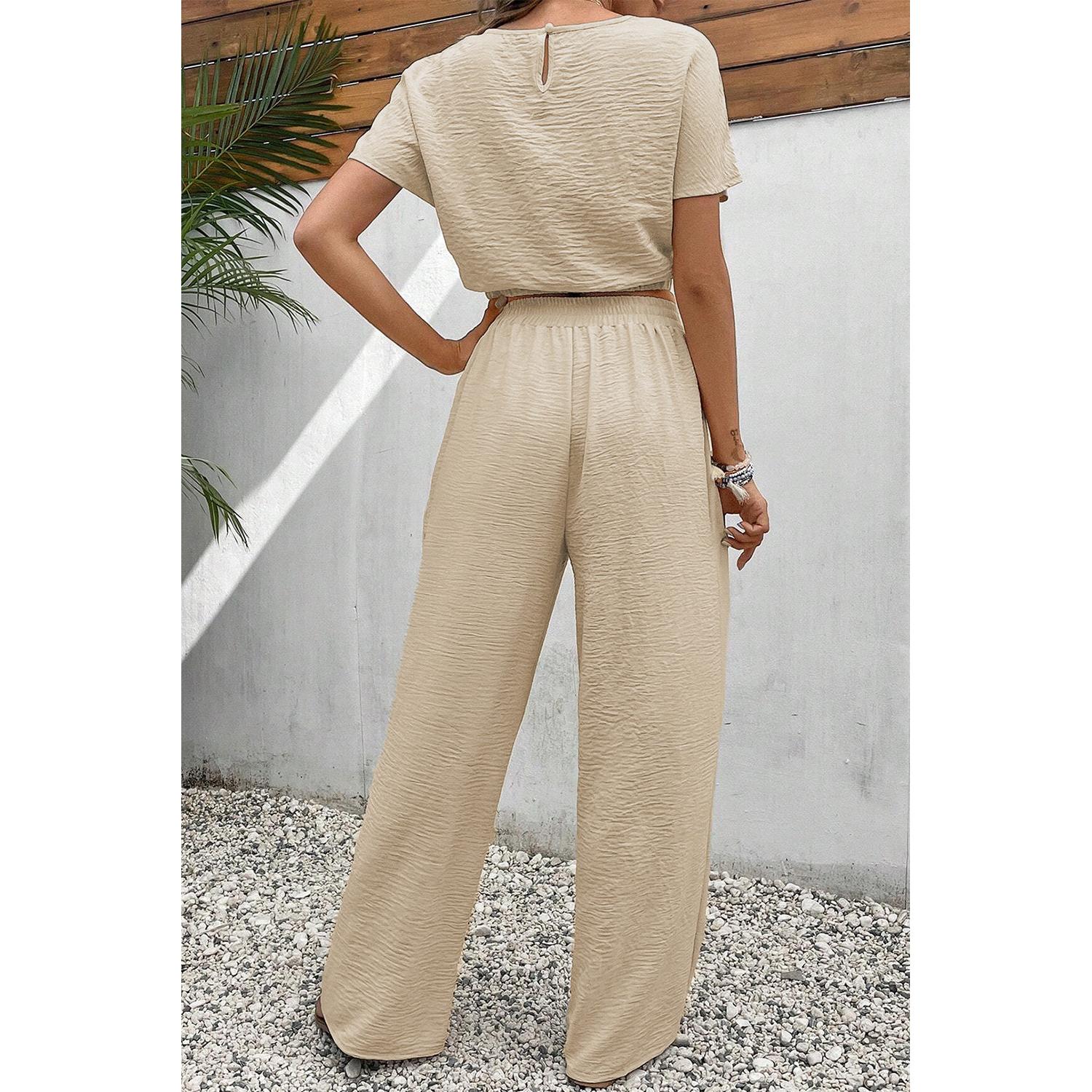 Short Sleeve Crop Top Wide Leg Pants Set