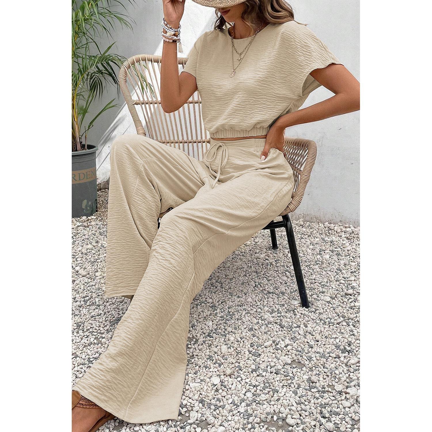 Short Sleeve Crop Top Wide Leg Pants Set