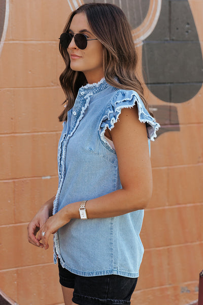 Short Sleeve Button Front Denim Top