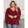Plus size v neck lace insert bell sleeve top
