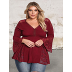 Plus size v neck lace insert bell sleeve top
