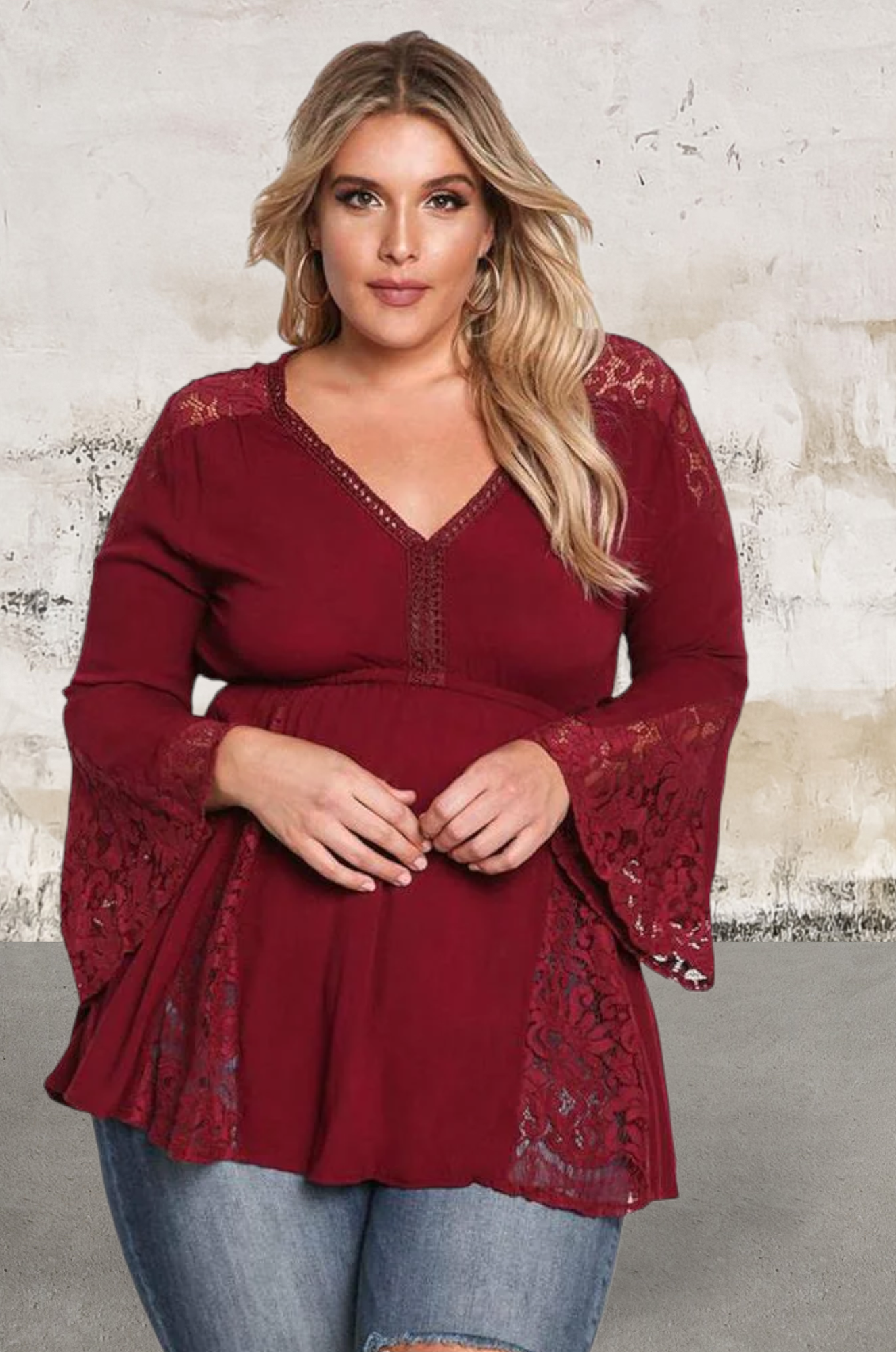 Plus size v neck lace insert bell sleeve top