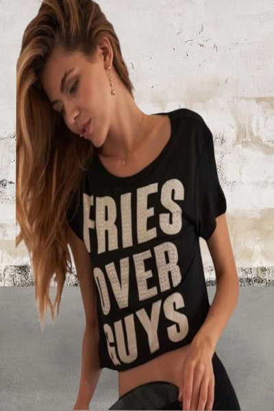 Juniors Fries Over Guys Graphic Studs Detail Crop Top