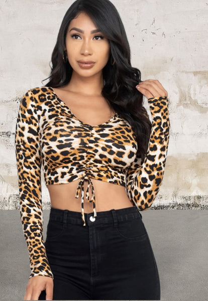 Long Sleeve Leopard Print Strap Ruched Front Crop Top