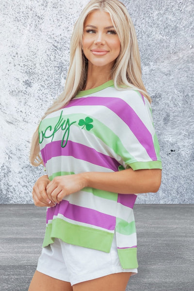 Short Sleeve Stripe Lucky Clover Graphic Loose Top