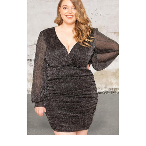 Plus size glitter mesh shirring sleeve short dress