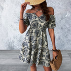 Off Shoulder Printed Smocked Mini Dress
