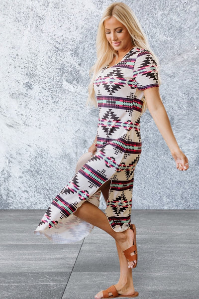 Short Sleeve Western Aztec Printed Long T-shirt Dress