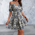 Off Shoulder Printed Smocked Mini Dress