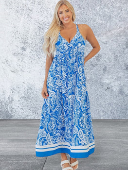 Paisley V Neck Crisscross Backless Maxi Dress